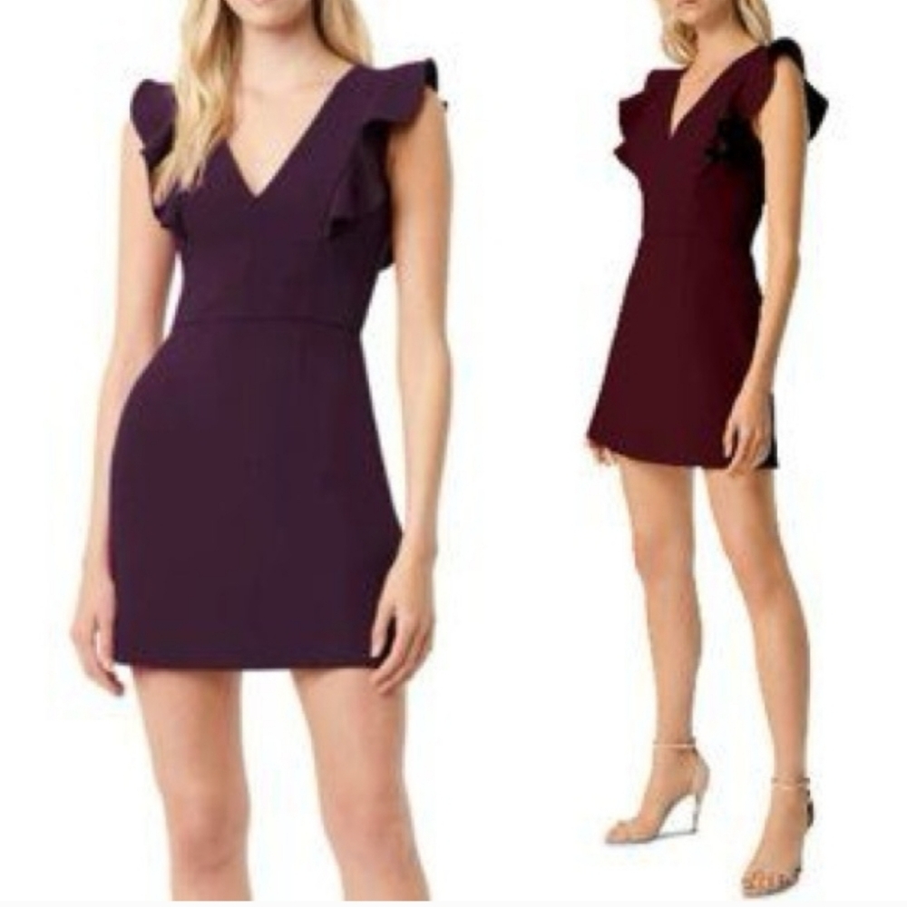 EUC French Connection Maroon Whisper V-Neck Ruffle Cocktail Mini Dress In Size 0